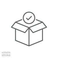 Box check icon. Simple outline style. Receive product, delivery package, open order, cardboard, bulk, unpack box concept. Thin line symbol. Vector isolated on white background. Editable stroke EPS.