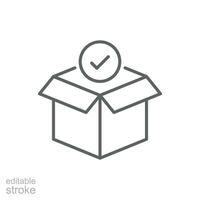 Box check icon. Simple outline style. Receive product, delivery package, open order, cardboard, bulk, unpack box concept. Thin line symbol. Vector isolated on white background. Editable stroke EPS.