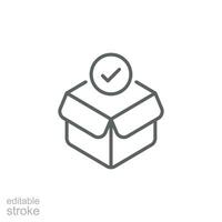 Box check icon. Simple outline style. Receive product, delivery package, open order, cardboard, bulk, unpack box concept. Thin line symbol. Vector isolated on white background. Editable stroke EPS.