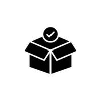 Box check icon. Simple solid style. Receive product, delivery package, open order, cardboard, bulk, unpack box concept. Black silhouette, glyph symbol. Vector isolated on white background. EPS.