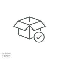 Box check icon. Simple outline style. Receive product, delivery package, open order, cardboard, bulk, unpack box concept. Thin line symbol. Vector isolated on white background. Editable stroke EPS.