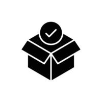 Box check icon. Simple solid style. Receive product, delivery package, open order, cardboard, bulk, unpack box concept. Black silhouette, glyph symbol. Vector isolated on white background. EPS.