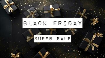 Black Friday Super Sale. Dark background text lettering. Banner photo