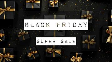 Black Friday Super Sale. Dark background text lettering. Banner photo
