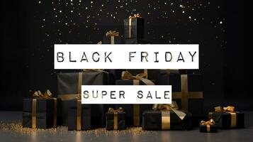 Black Friday Super Sale. Dark background text lettering. Banner photo