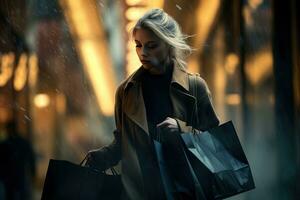 Woman in shopping. Fashion woman  with shopping bags walking after shopping. Black friday, sale, consumerist, lifestyle concept. photo