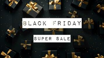 Black Friday Super Sale. Dark background text lettering. Banner photo