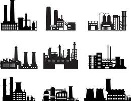 Set of Industry business buildings. Industrial warehouse, manufacturing factory and factories exterior silhouettes vector