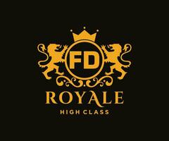 Golden Letter FD template logo Luxury gold letter with crown. Monogram alphabet . Beautiful royal initials letter. vector