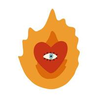 Hand drawn psychedelic one-eyed heart in the flame. Aesthetic simple doodle in retro style of 70s. Burning heart with one eye for social media, passion concepts, tattoo design. Hippy cartoon sticker. vector