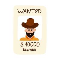 Hand drawn wanted poster with cowboy clipart. Simple colorful doodle with vintage western banner with reward. Criminal or outlaw wanted dead or alive poster. Sign of Wild West, America Texas, cowboy vector