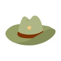 Cute hand drawn cowboy hat. Sheriff hat with star in cowboy and cowgirl western theme. Simple colorful doodle with print for horse ranch and wild west style. Vector clipart isolated on background.