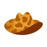 Cute hand drawn cowboy hat. Sheriff hat with cow print in cowboy and cowgirl western theme. Simple colorful doodle with print for horse ranch, wild west style. Vector clipart isolated on background