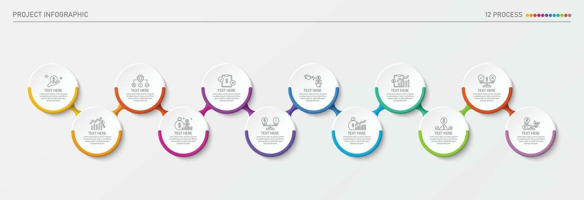 Infographic process design with icons and 12 options or steps.