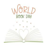 World book day greeting card. Open book with pages folded in the shape of a heart. Decoration for Literacy day. Simple Flat vector illustration isolated on a white background.