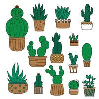 Set of cute succulents. Kawaii cactus. Doodle style illustration. Vector