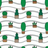 Childish seamless cactus pattern. Cactus template. Cacti in pots. Vector background. Cute cartoon cactus template