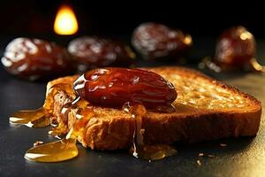 Saudi Arab Dates toast, macro shot of a fresh breakfast with Dripping Honey, AI Generated photo