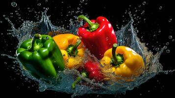 Bell peppers splashing in the water, AI Generated photo