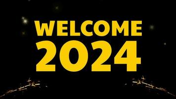 Welkom 2024. aantal 2024 Aan een donker nacht achtergrond met een zaklamp. Welkom 2024 met schitteren goud tekst kleur video