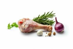 Chicken Drumstick meat and herbs isolated on white, Generative AI photo