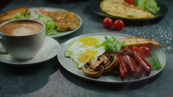 restaurant breakfast plates and a cup of coffee on the table video