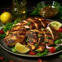Slices of home-made jerk chicken fillets marinated in jerk seasoning, AI Generated photo