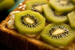 Kiwifruit toast, macro shot of a fresh breakfast with Dripping Honey, AI Generated photo