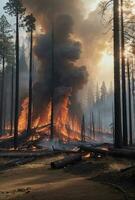 The ecological impact of a wildfire in a forest. photo