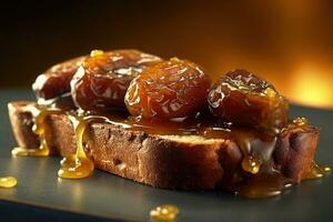 Saudi Arab Dates toast, macro shot of a fresh breakfast with Dripping Honey, AI Generated photo
