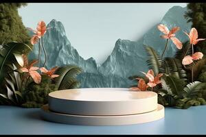 A white round device sits on a table in front of a jungle background photo
