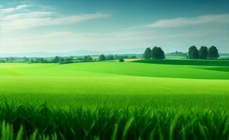 A beautiful Green wheat field, Generative AI Illustration. photo