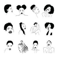 Set of beautiful girls faces vector silhouette line art.