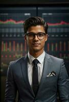 A smart business man with business chart background. photo