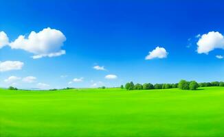 Green meadow and blue sky, Generative AI Illustration. photo