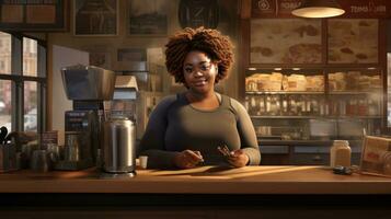 Smiling confident African American young woman. Black attractive female barista photo