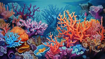 Underwater sea world. Ecosystem. Bright multi-colored corals on the ocean floor photo