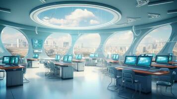 Futuristic classroom in school of the future. Classroom for classes or lectures photo