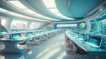 Futuristic classroom in school of the future. Classroom for classes or lectures photo