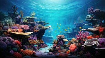 Underwater sea world. Ecosystem. Bright multi-colored corals on the ocean floor photo