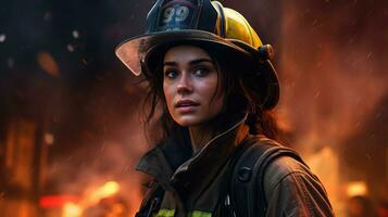 Female firefighter against the backdrop of a burning building. photo