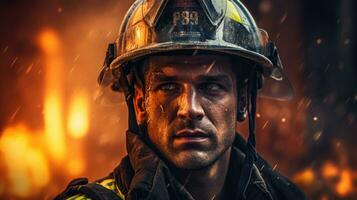 A courageous firefighter against the backdrop of a burning building. photo