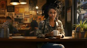 negro atractivo mujer en un acogedor ciudad café tienda. hermosa hembra estudiante foto