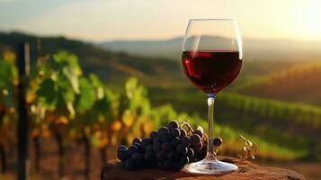 Glass of red wine at sunset with vineyards in the background. photo