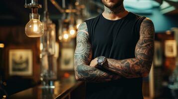 Tattooed arms of a muscular man. Blurred tattoo parlor on background. photo