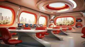 Futuristic classroom in school of the future. Classroom for classes or lectures photo