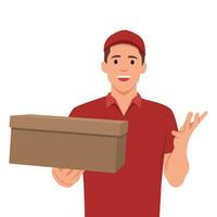 Courier with the parcel. A delivery man in red uniform holds a cardboard box in his hands. vector