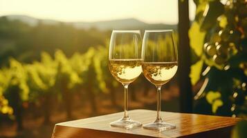 Two glasses of white wine against the backdrop of vineyards in the sun. photo