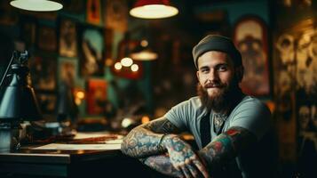 Young attractive male tattoo artist in a tattoo parlor. photo