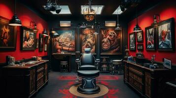 Modern and creative tattoo parlor with a chair. Brutal interior design photo